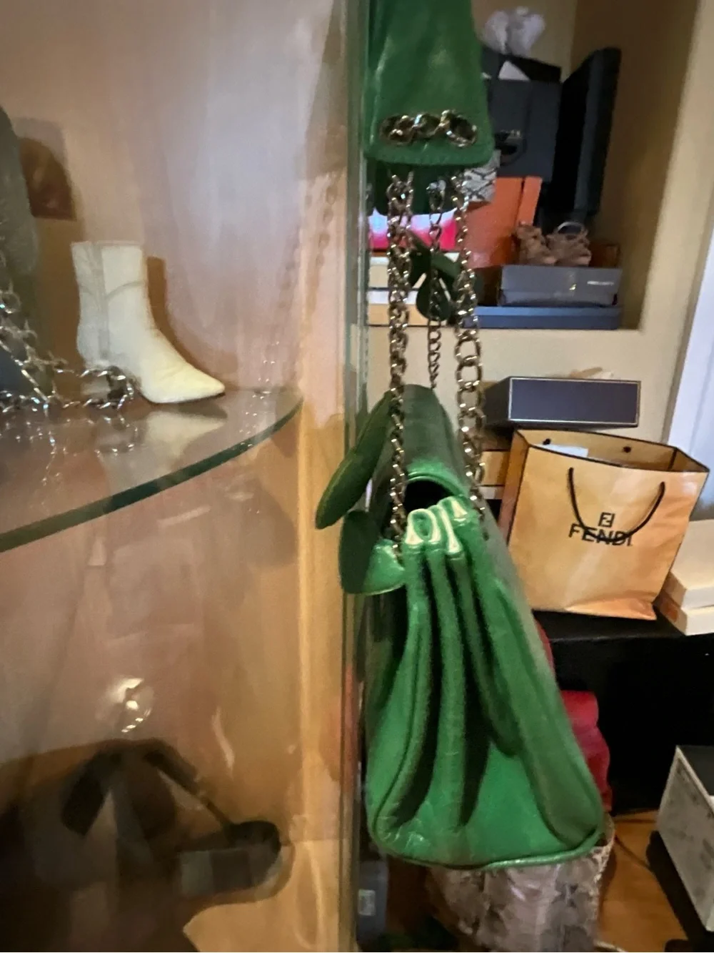 CHANEL Green Quilted Leather Shoulder Bag with Chain Strap